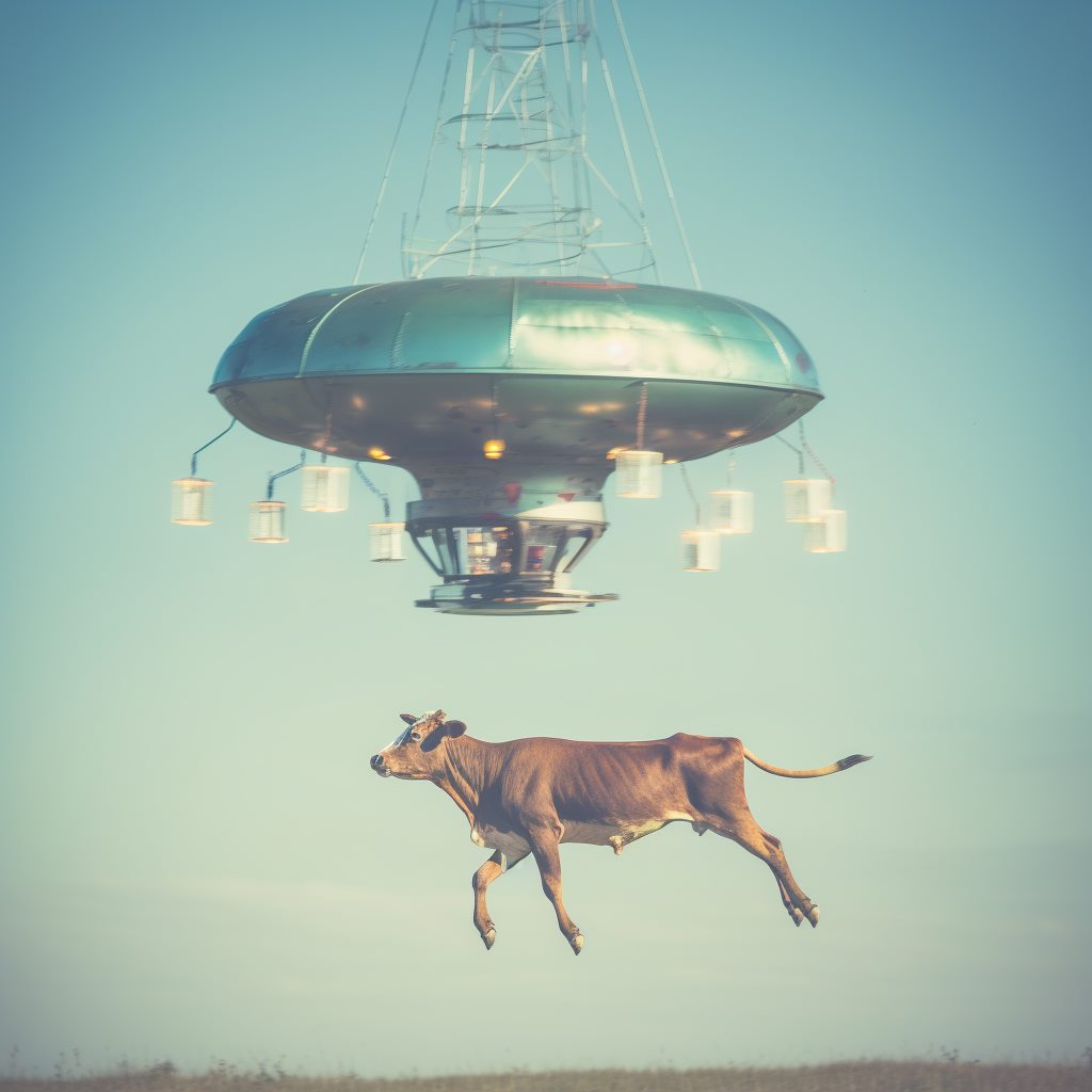 Cow levitating under alien craft