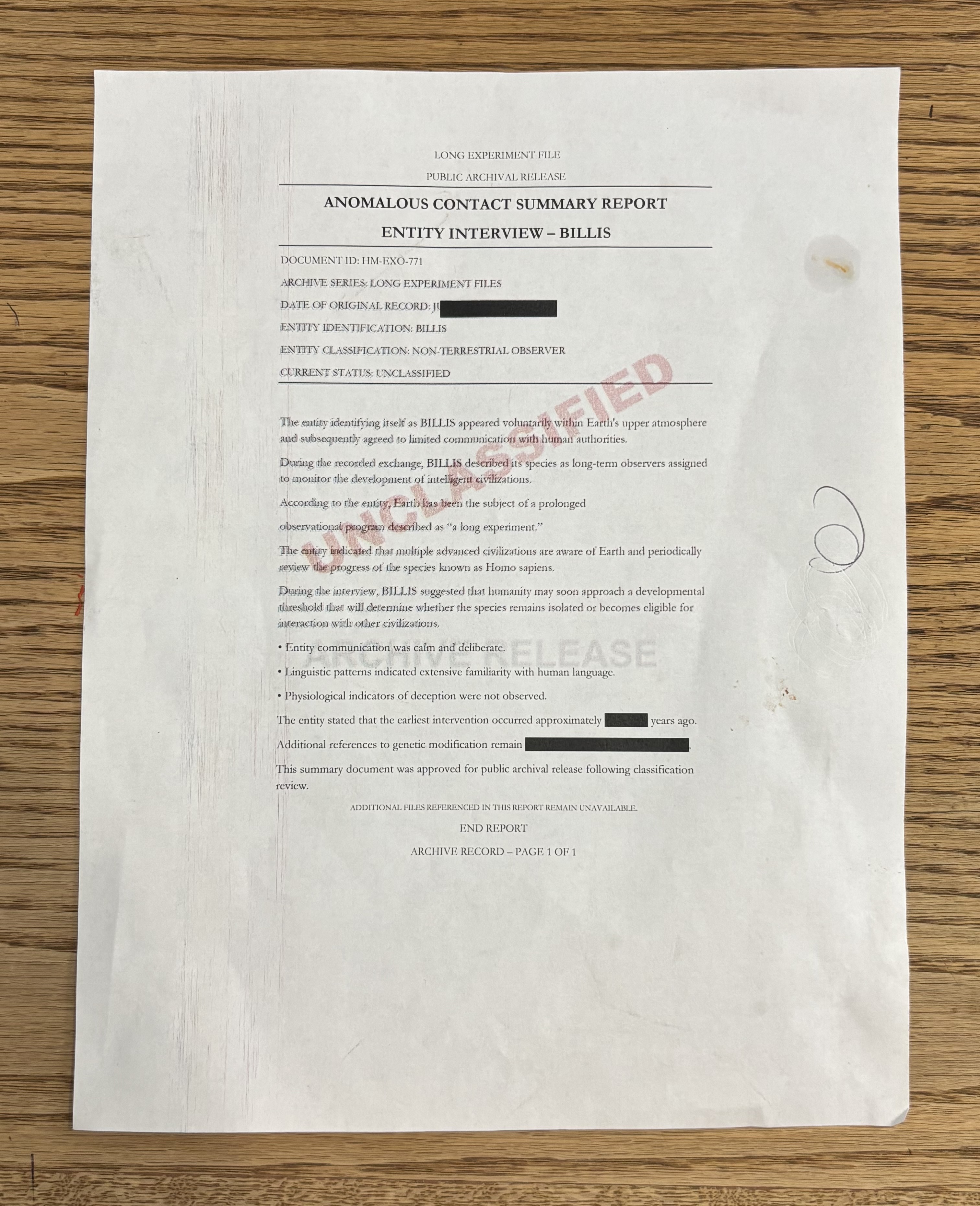 Long Experiment printed report artifact