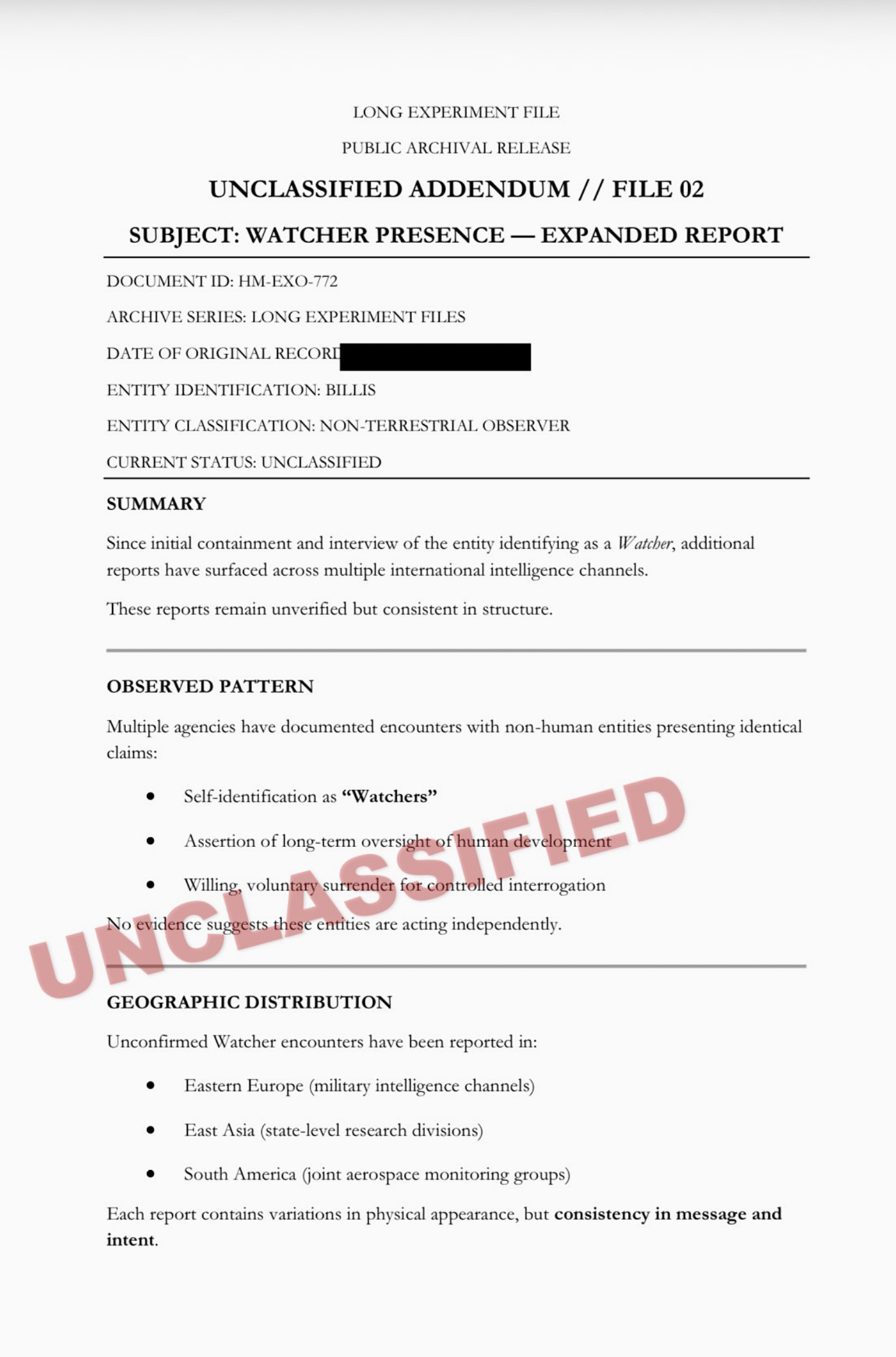 Unclassified addendum report page