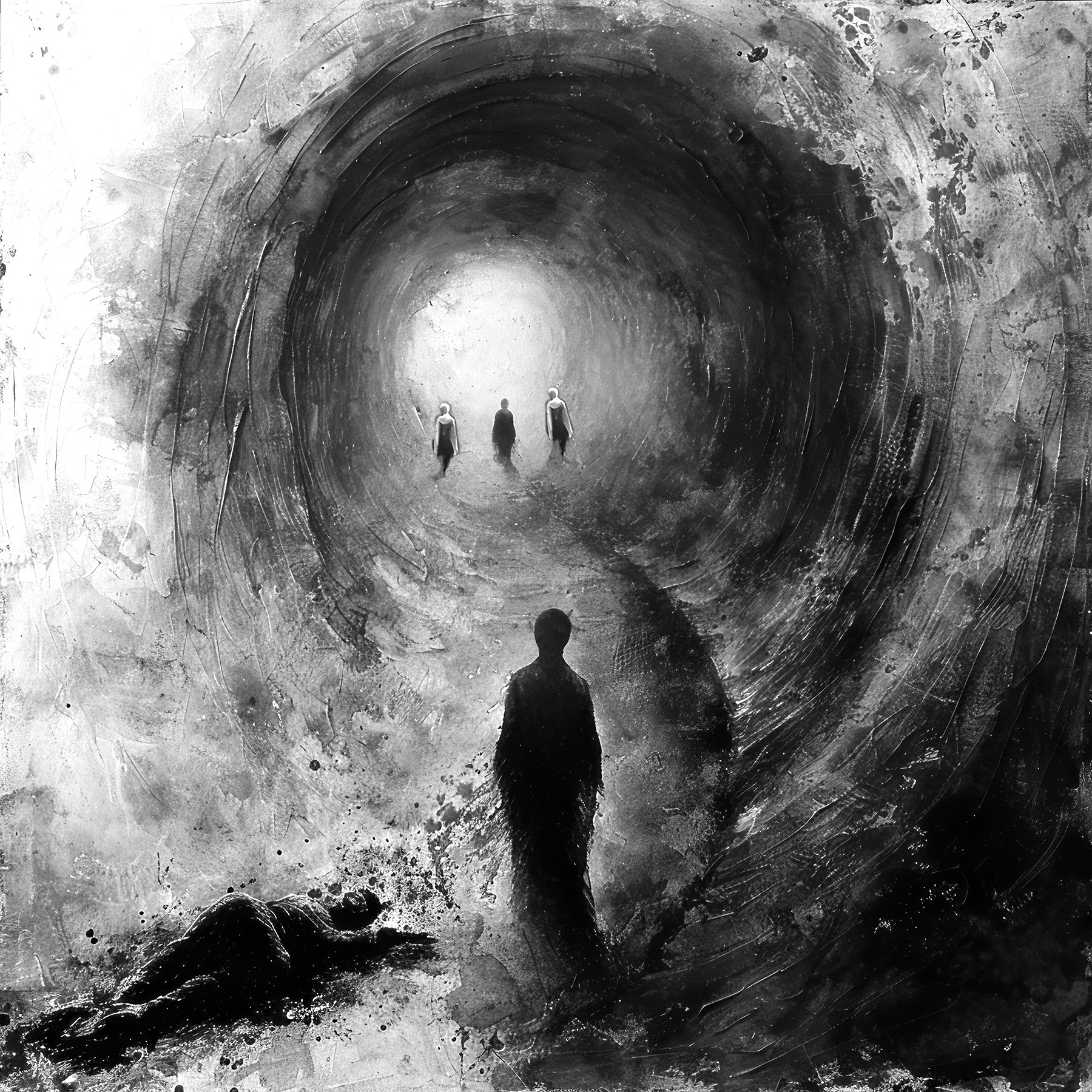 Black and white out-of-body vision artwork