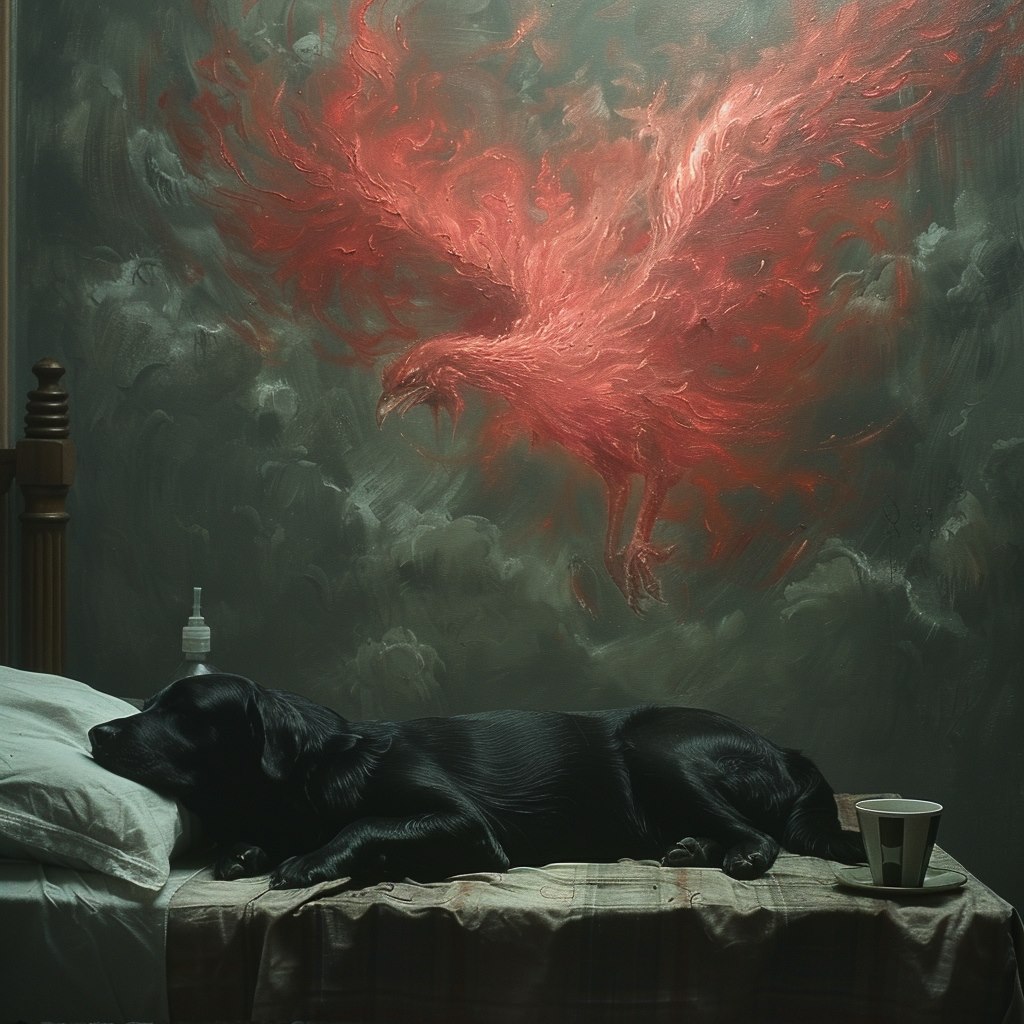 Black dog beneath a red phoenix-like form